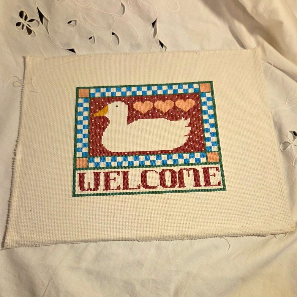 Finished "Welcome Duck" Cross Stitch Sampler Embroidery Piece on Fabric Unframed